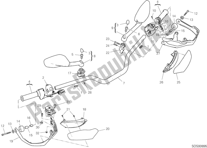 All parts for the Handlebar of the Ducati Multistrada 1260 S Grand Tour USA 2020